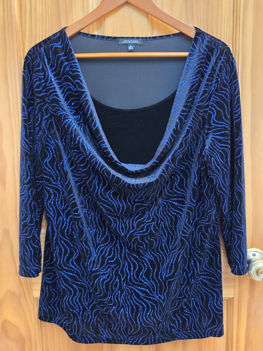 Notations Black Velvet Cowl Neck Top with Blue Shimmer